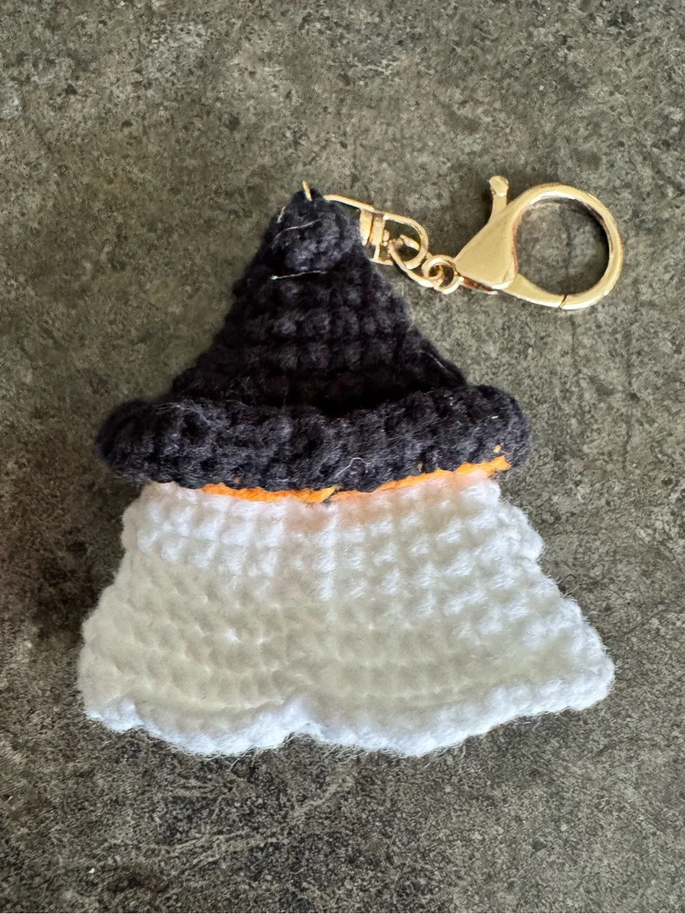 Handmade Crochet Ghost Purse Bag Charm Fob Keychain with Black Hat